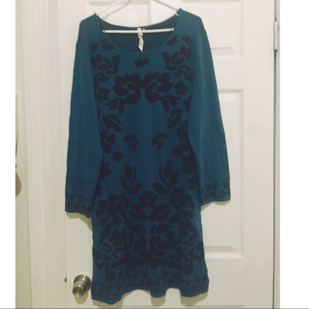 Teal sweater dress with black floral design